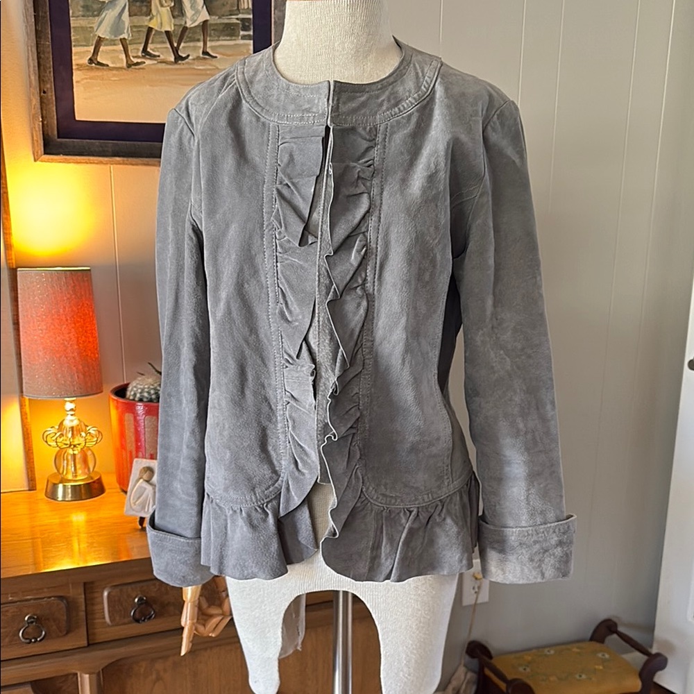 Live a Little Gray Leather Jacket with Ruffled Front